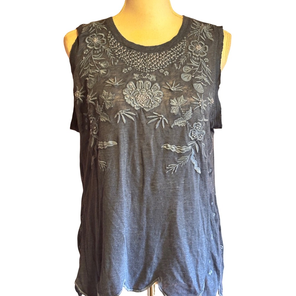 Sundance Blue Linen Embroidered Top Small, Boho, Artisan, Cottagecore, Romantic